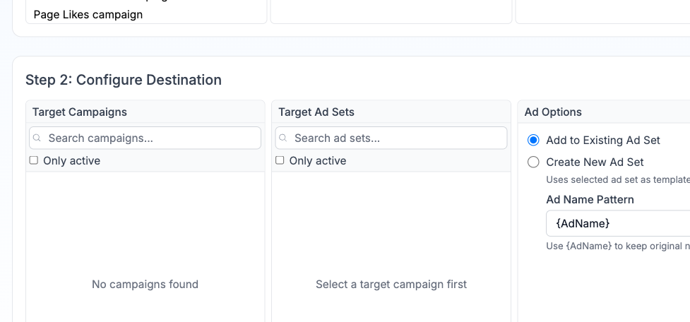 Destination configuration showing target campaign, ad set, and ad options
