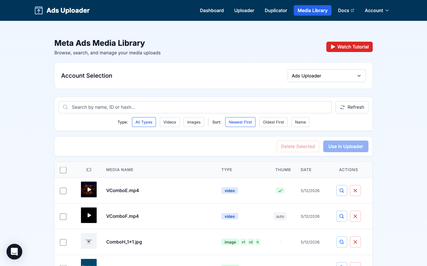 Media Library showing search, filters, and uploaded media table