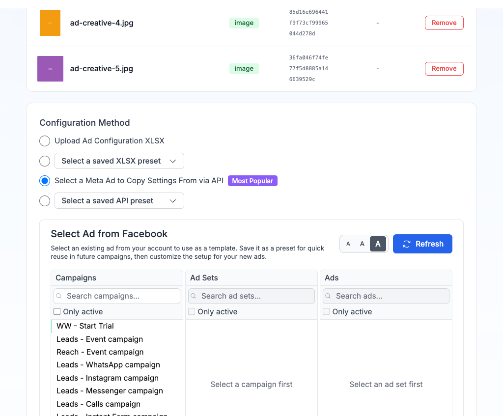 Three-column ad selector showing Campaigns, Ad Sets, and Ads