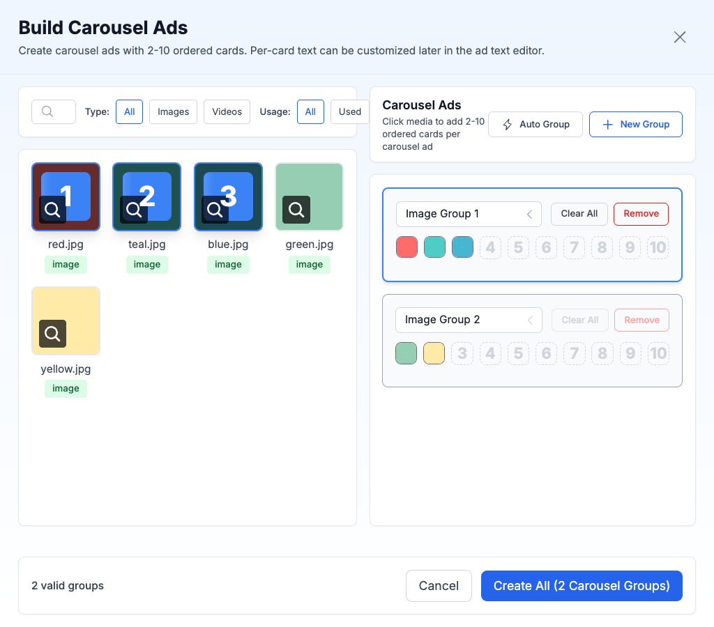 Carousel builder with two groups populated with media cards