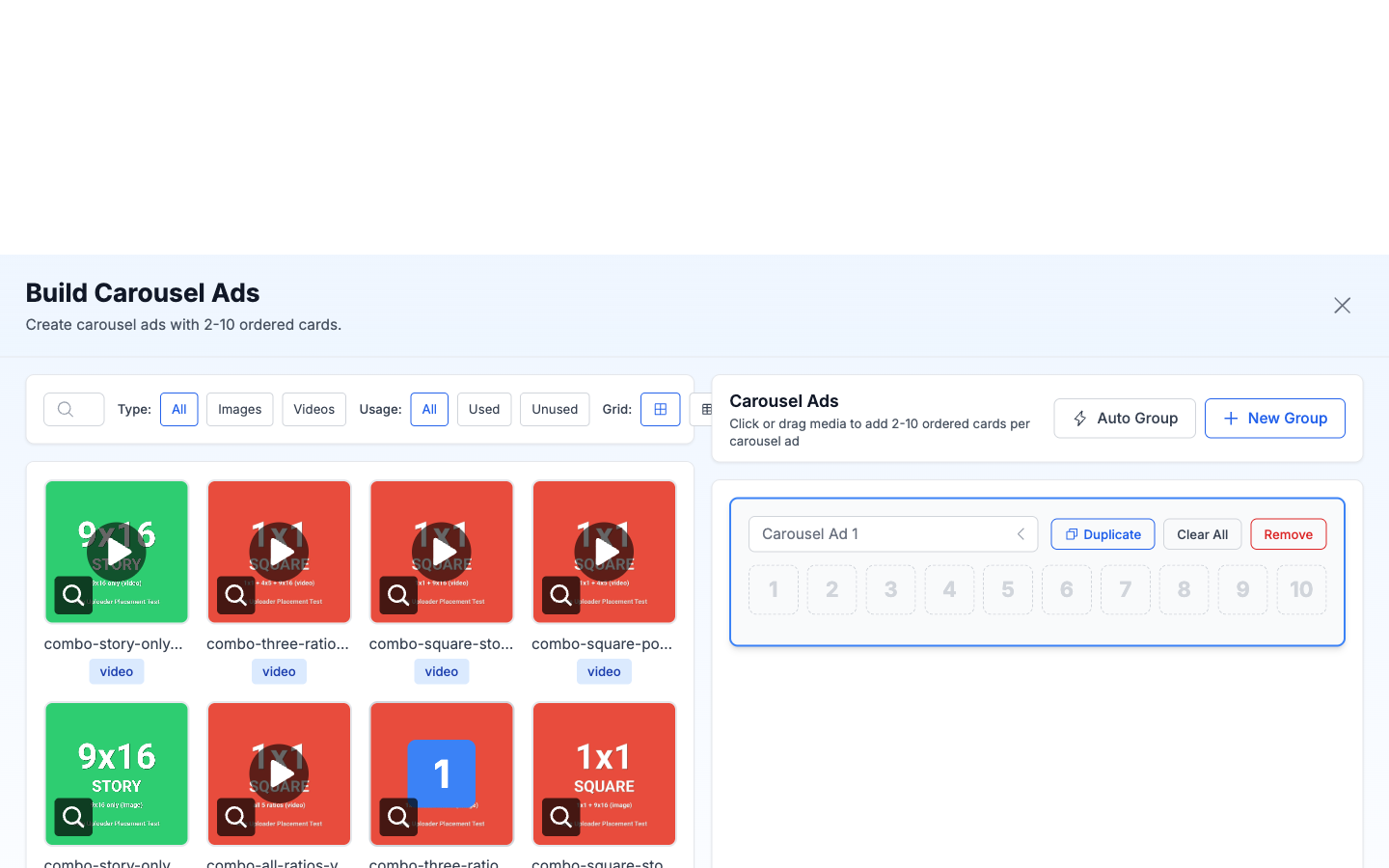 Carousel Ads builder showing media selection on the left and card slots on the right