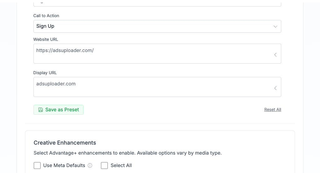 Creative enhancements panel showing toggles for Images, Videos, and Carousel enhancements