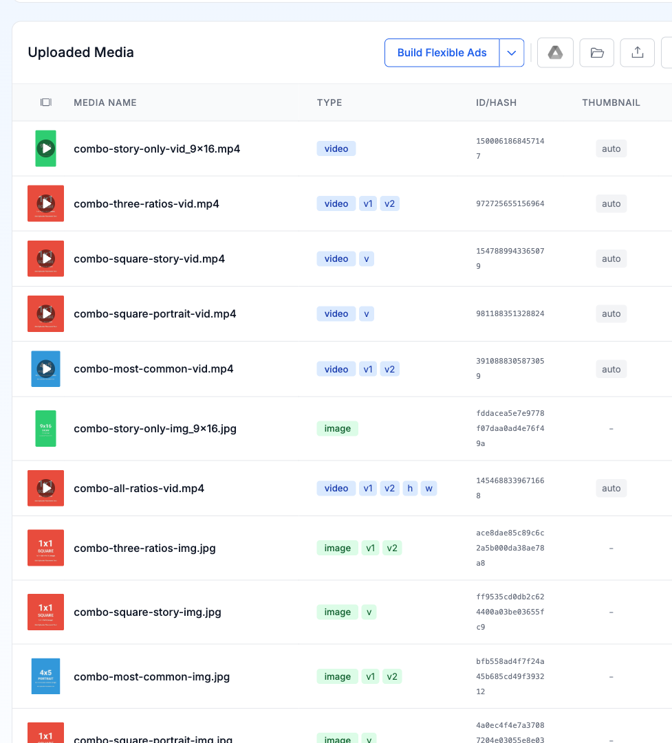 Uploaded media table showing file names, types, hashes, and action buttons