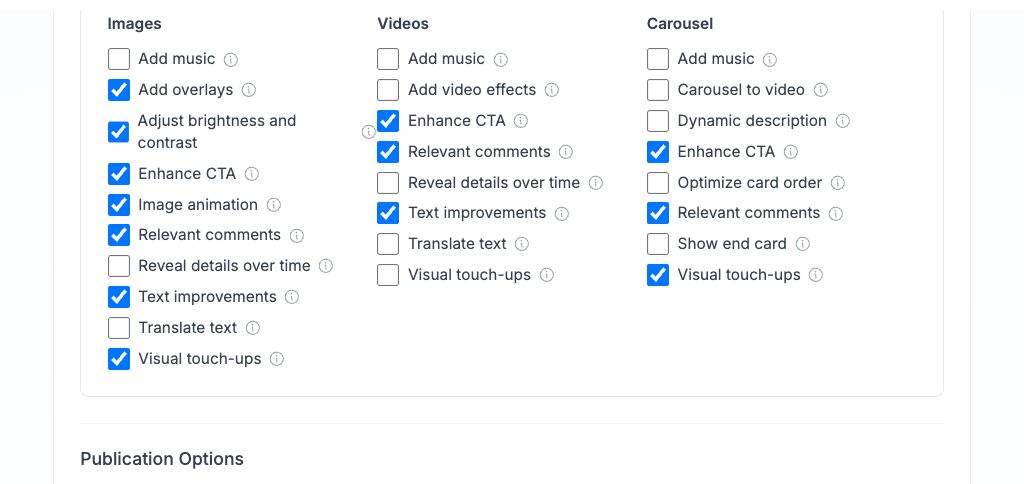 Publication options showing pause toggle, scheduling, and test mode