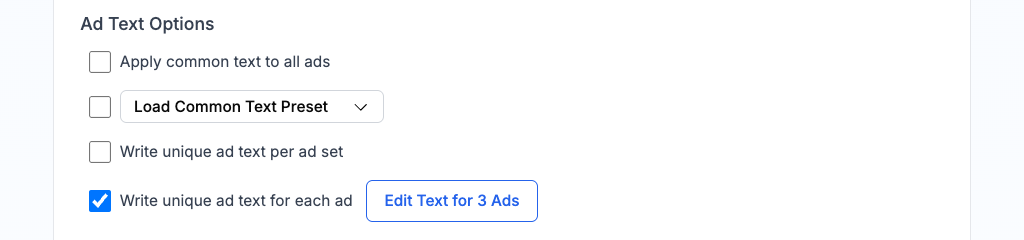 Ad Text Options showing text mode radio buttons and Common Text Preset loader