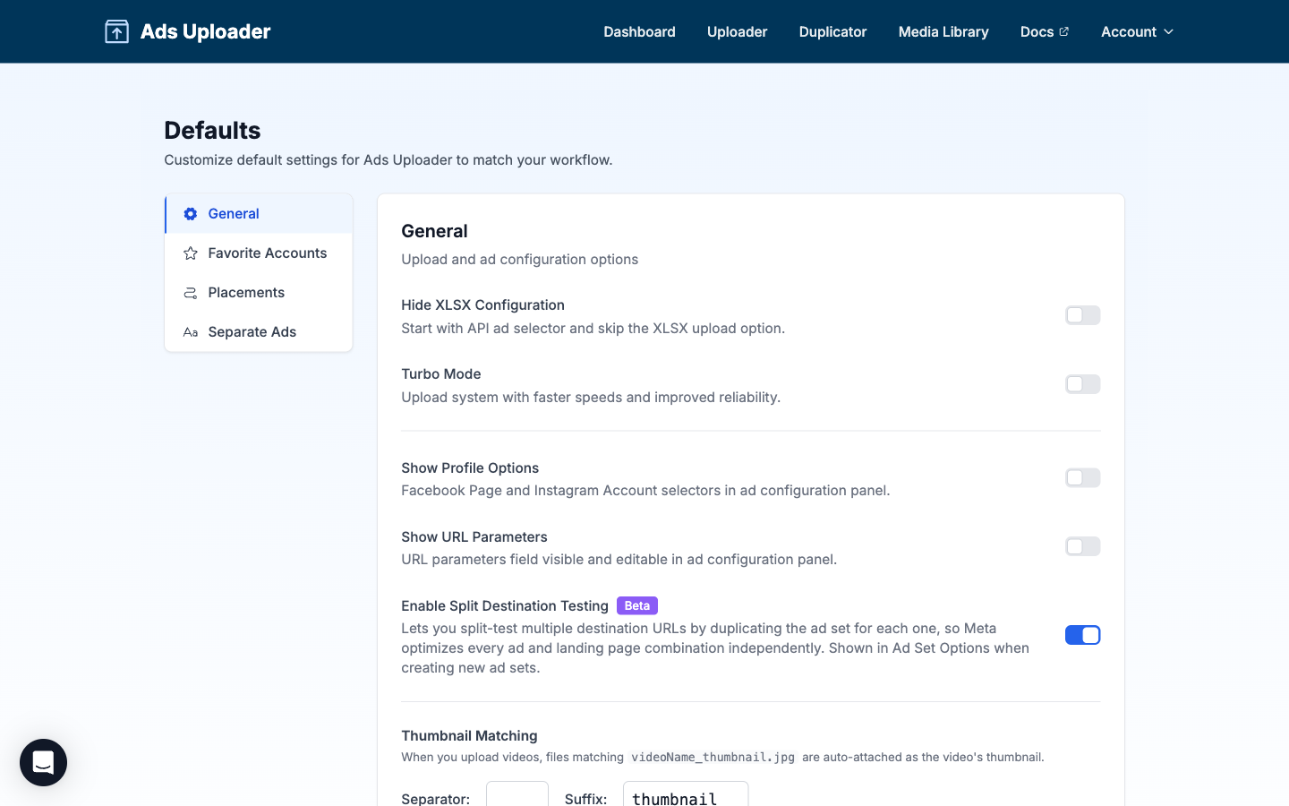 User Defaults page showing General settings with toggles for Hide XLSX, Turbo Mode, Profile Options, and URL Parameters