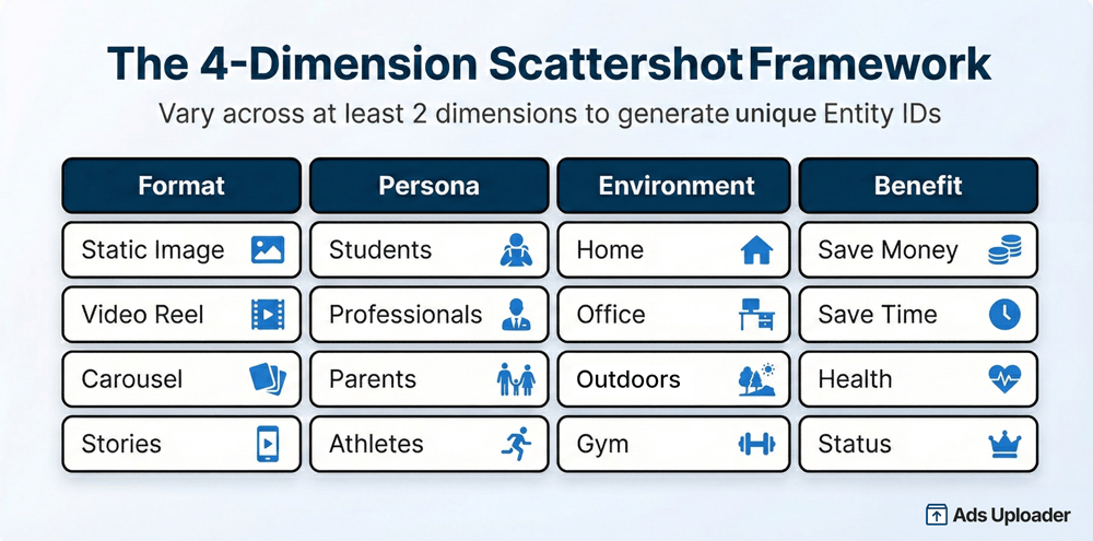 Meta Andromeda 4-dimension framework for creating diverse Entity IDs