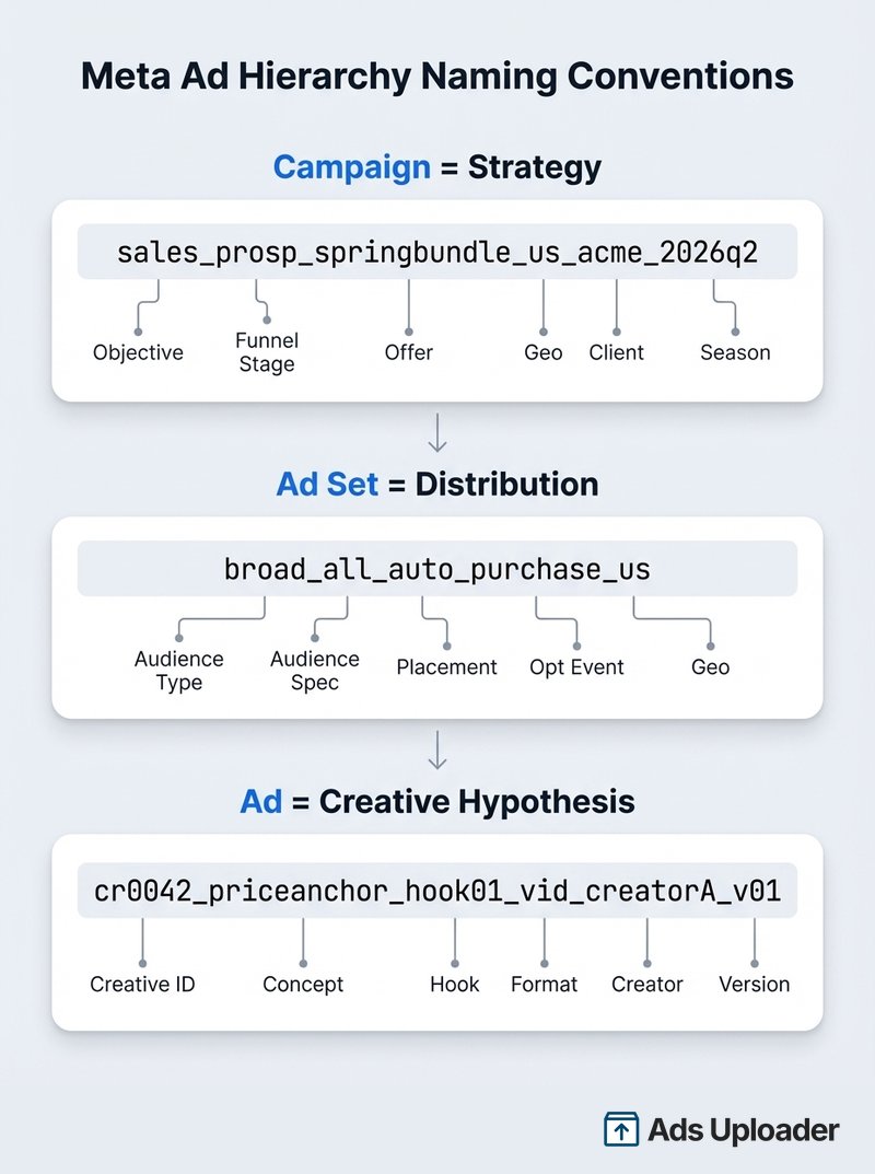 Meta ad hierarchy naming conventions showing campaign, ad set, and ad name anatomy with labeled fields
