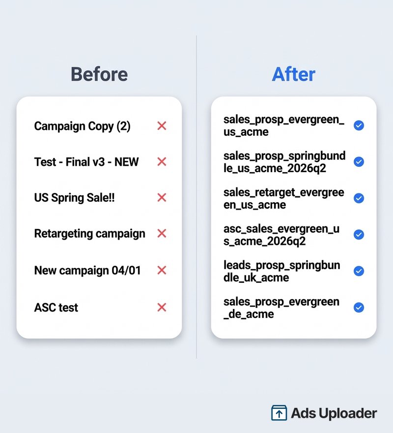 Before and after comparison of messy campaign names versus structured naming conventions