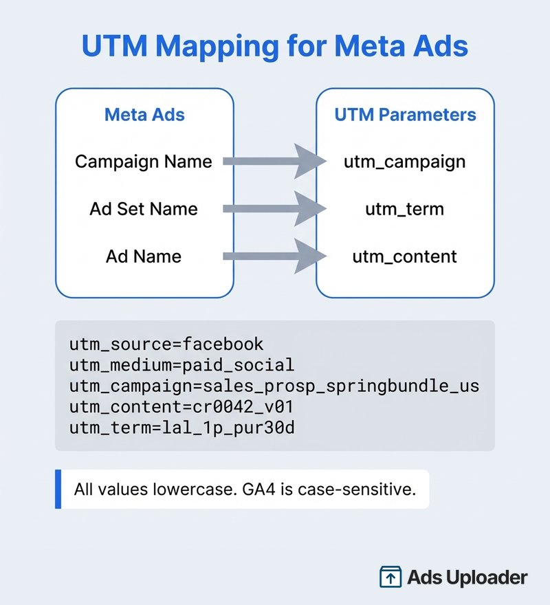 UTM mapping reference showing how Meta Ads campaign, ad set, and ad names map to UTM parameters