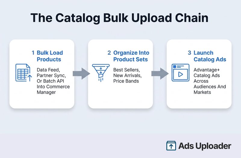 The three-stage Facebook catalog bulk upload chain: load products via data feed, organize into product sets, launch Advantage+ catalog ads.
