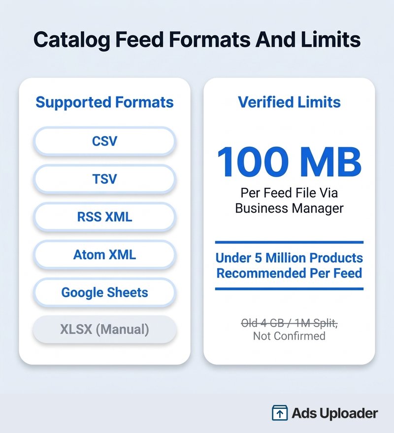 Facebook catalog feed formats (CSV, TSV, XML, Google Sheets) and verified 2026 limits: 100 MB per file, under 5 million products per feed.