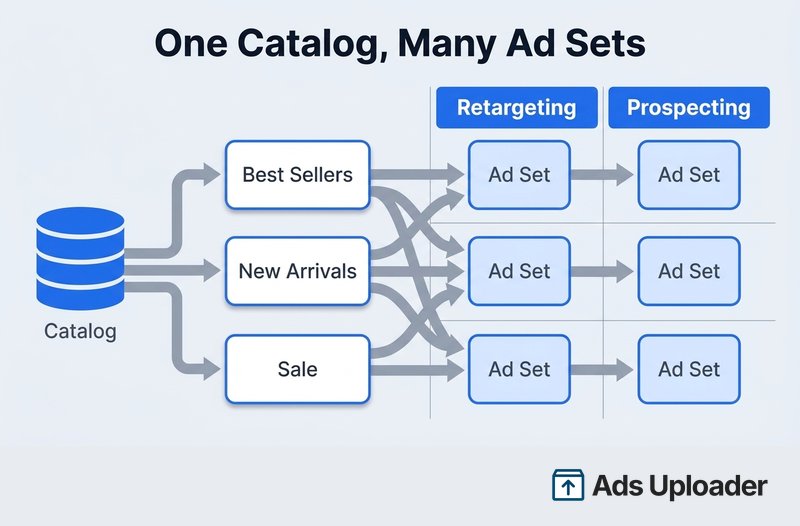 Scaling diagram showing one Facebook catalog feeding three product sets, each launched across retargeting and prospecting audiences to create multiple ad sets.
