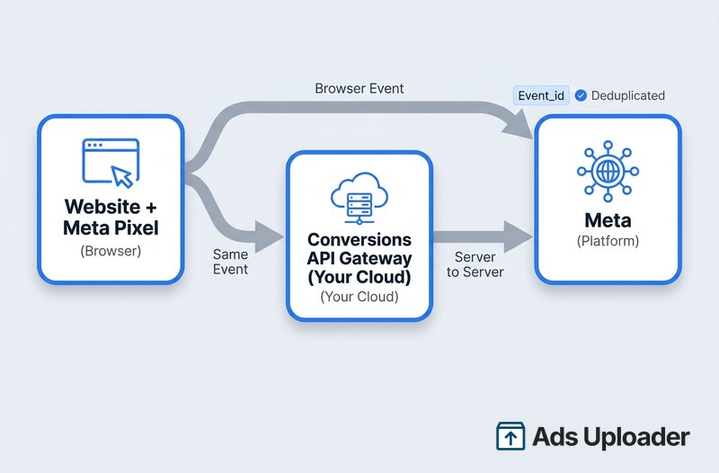 Conversions API Gateway architecture: the Meta Pixel sends events to both Meta and the Gateway, which forwards them server-to-server, deduplicated by event_id.