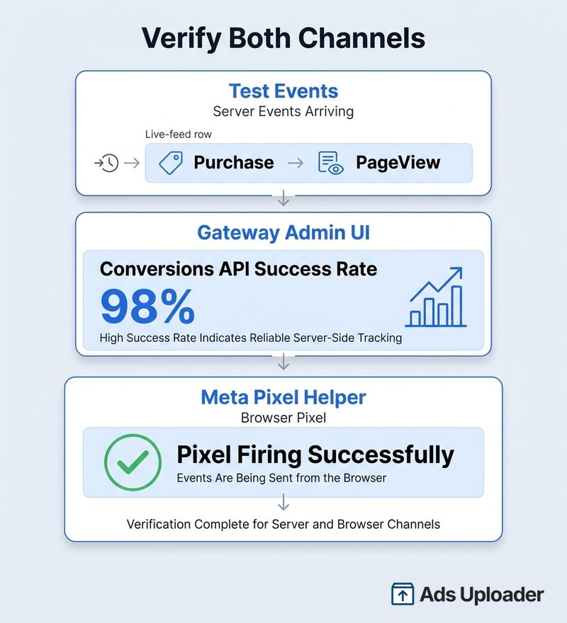 Verifying the Conversions API Gateway: Test Events showing server events, the admin UI Conversions API success rate, and a Meta Pixel Helper green check for the browser pixel.