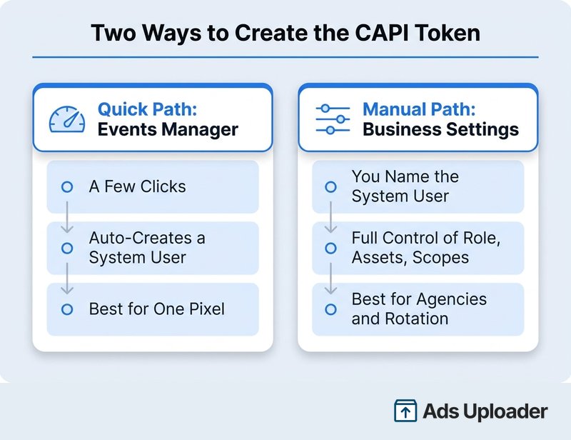 Two column comparison of the quick Events Manager path versus the manual Business Settings path for creating a Conversions API access token