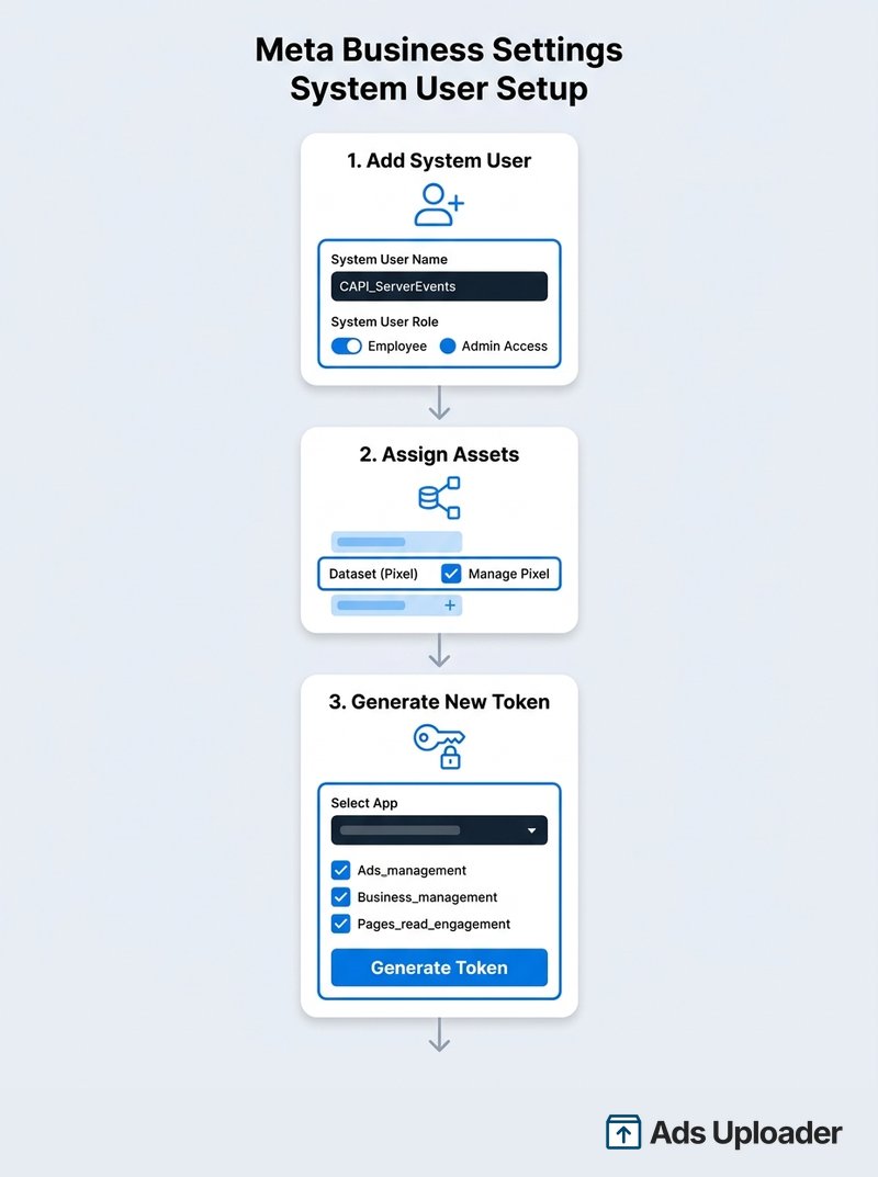 Three step Business Settings flow showing adding a system user, assigning the pixel with Manage Pixel permission, and generating a token with the required permission scopes