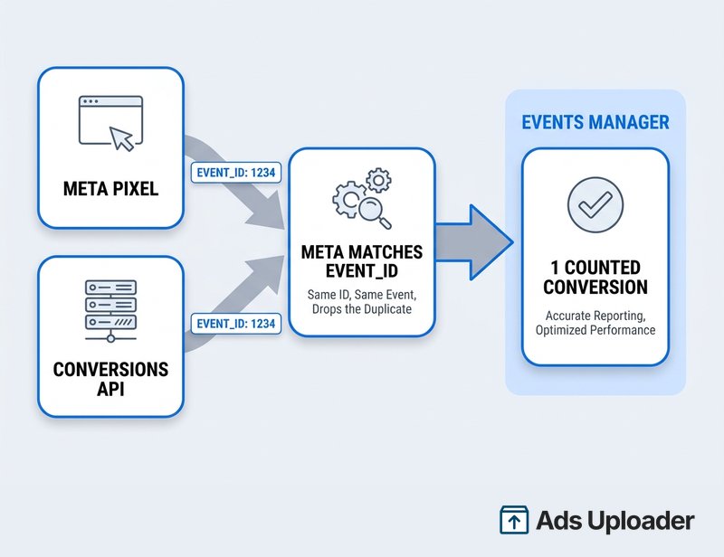 Diagram showing the Meta Pixel and the Conversions API both sending the same purchase event with a shared event_id, deduplicated by Meta into one counted conversion.