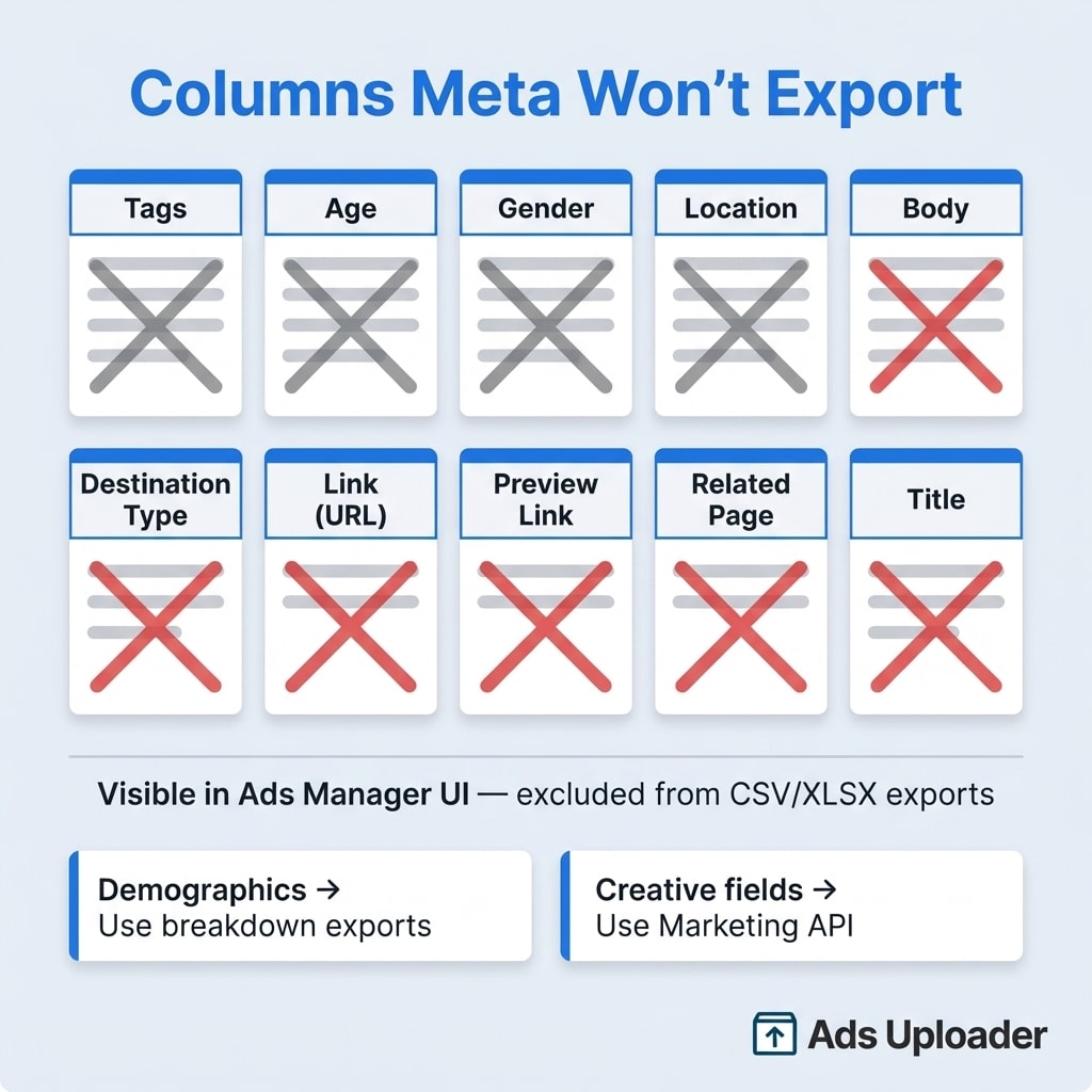 List of ten Meta Ads Manager columns that cannot be exported to spreadsheets including Tags, Age, Gender, Location, and Body