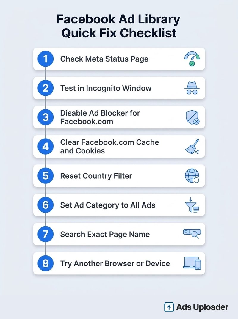 8-step troubleshooting checklist for when the Facebook Ad Library is not working, from the Meta status check to trying another browser