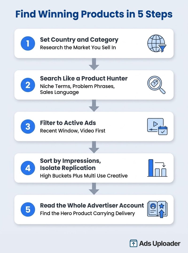 Five-step Facebook Ad Library workflow for finding winning products, from country setup to reading the advertiser's full account