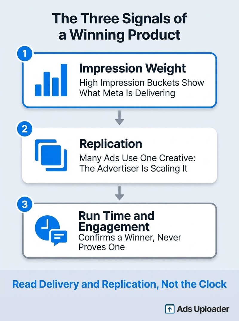 Three ranked signals of a winning product in the Facebook Ad Library: impression weight, creative replication, then run time and engagement