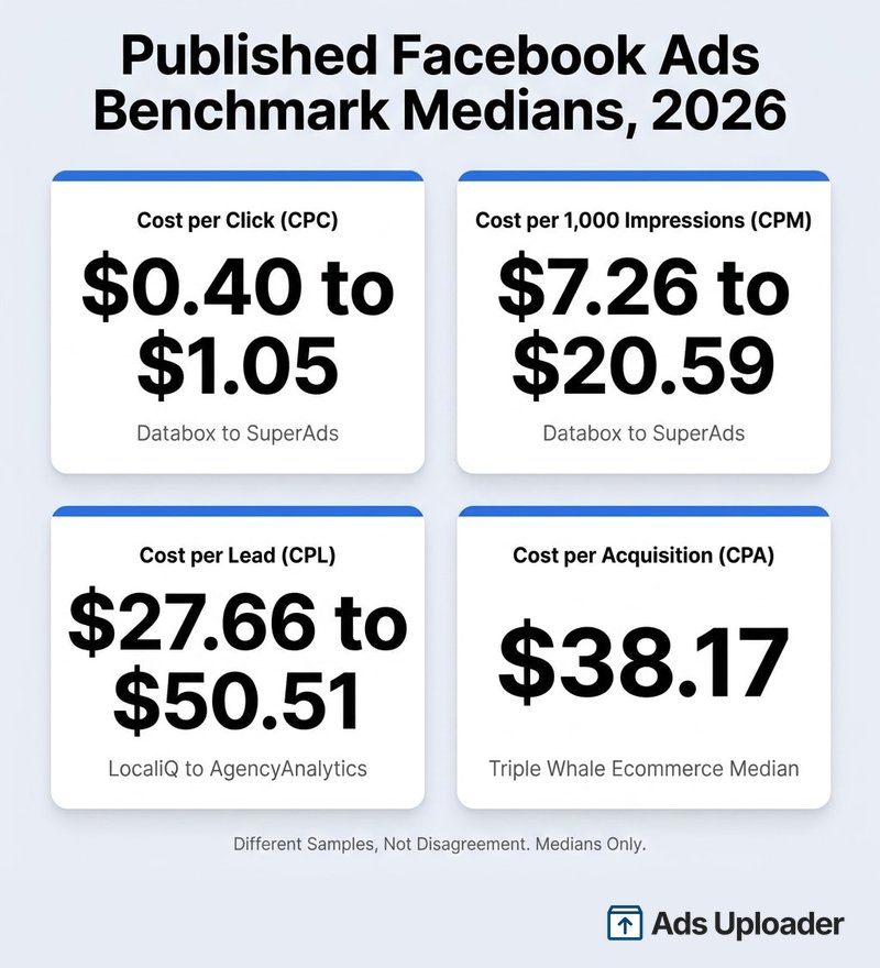 Published 2026 Facebook ads benchmark medians: CPC $0.40 to $1.05, CPM $7.26 to $20.59, CPL $27.66 to $50.51 and CPA $38.17.