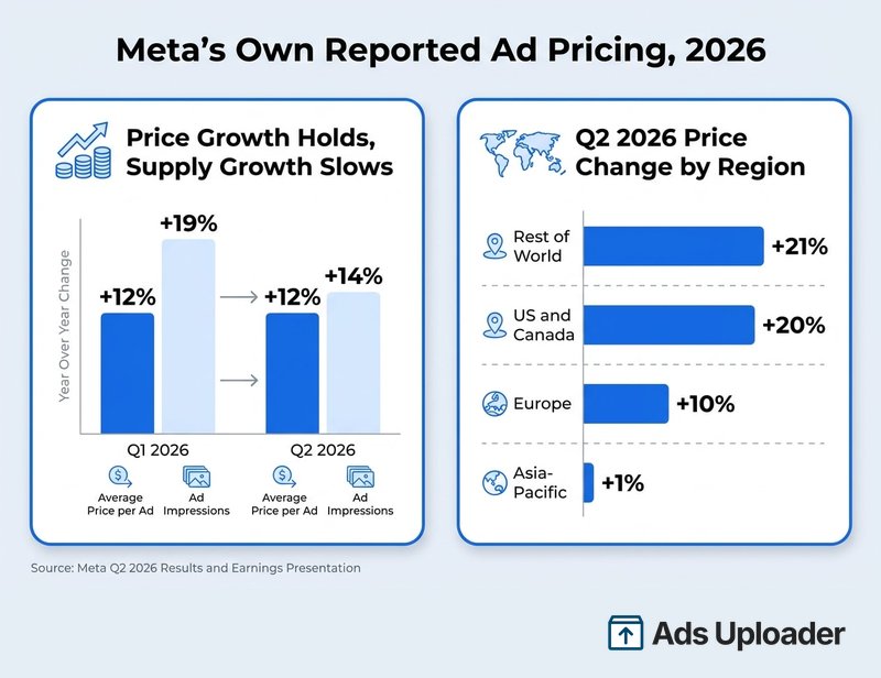 Meta reported average price per ad up 12% in Q1 and Q2 2026 while impression growth slowed from 19% to 14%, with US and Canada up 20%.