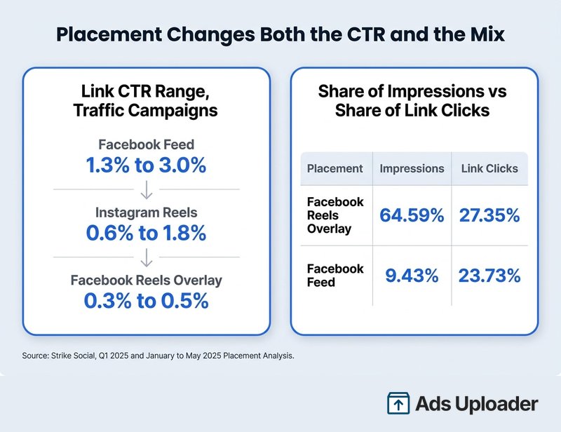 Two-panel chart showing Facebook ads link CTR ranges by placement alongside share of impressions versus share of link clicks, with Reels Overlay taking 64.59 percent of impressions but 27.35 percent of link clicks
