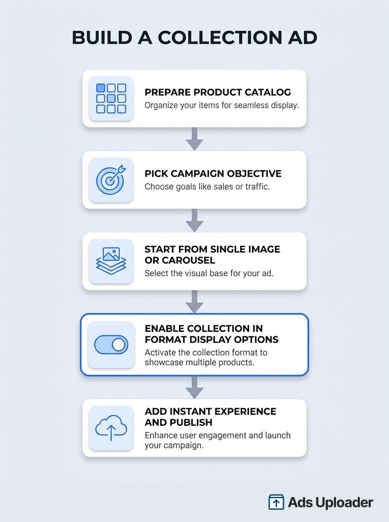 Five-step setup flow for a Facebook collection ad moving from product catalog to campaign objective to collection format to Instant Experience template to publish