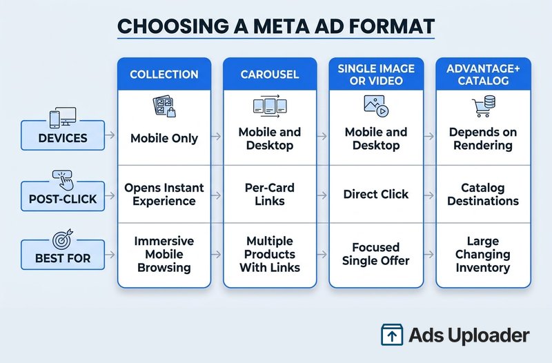 Decision matrix comparing Facebook collection, carousel, single image or video, and Advantage plus catalog formats across device support, post-click behavior, and best use case