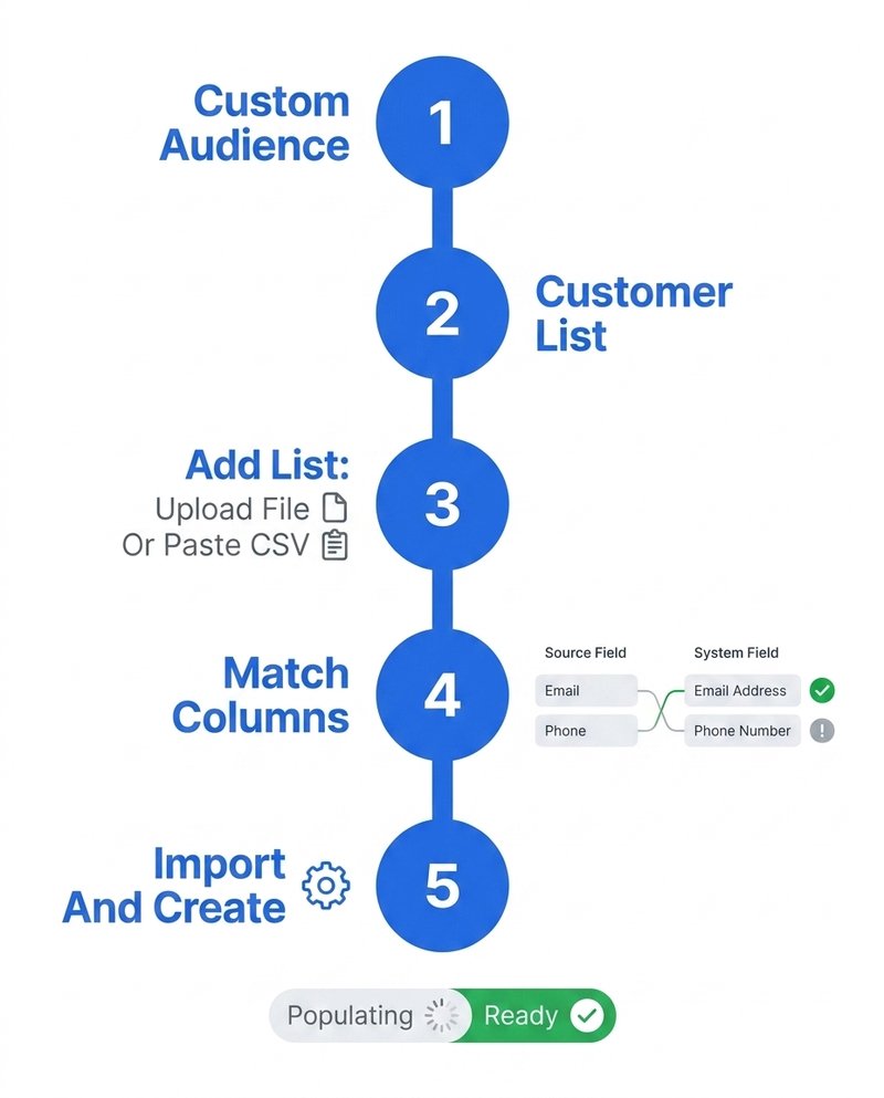 Vertical walkthrough of creating a customer list custom audience in Ads Manager, from Custom Audience through Match Columns to Populating then Ready.