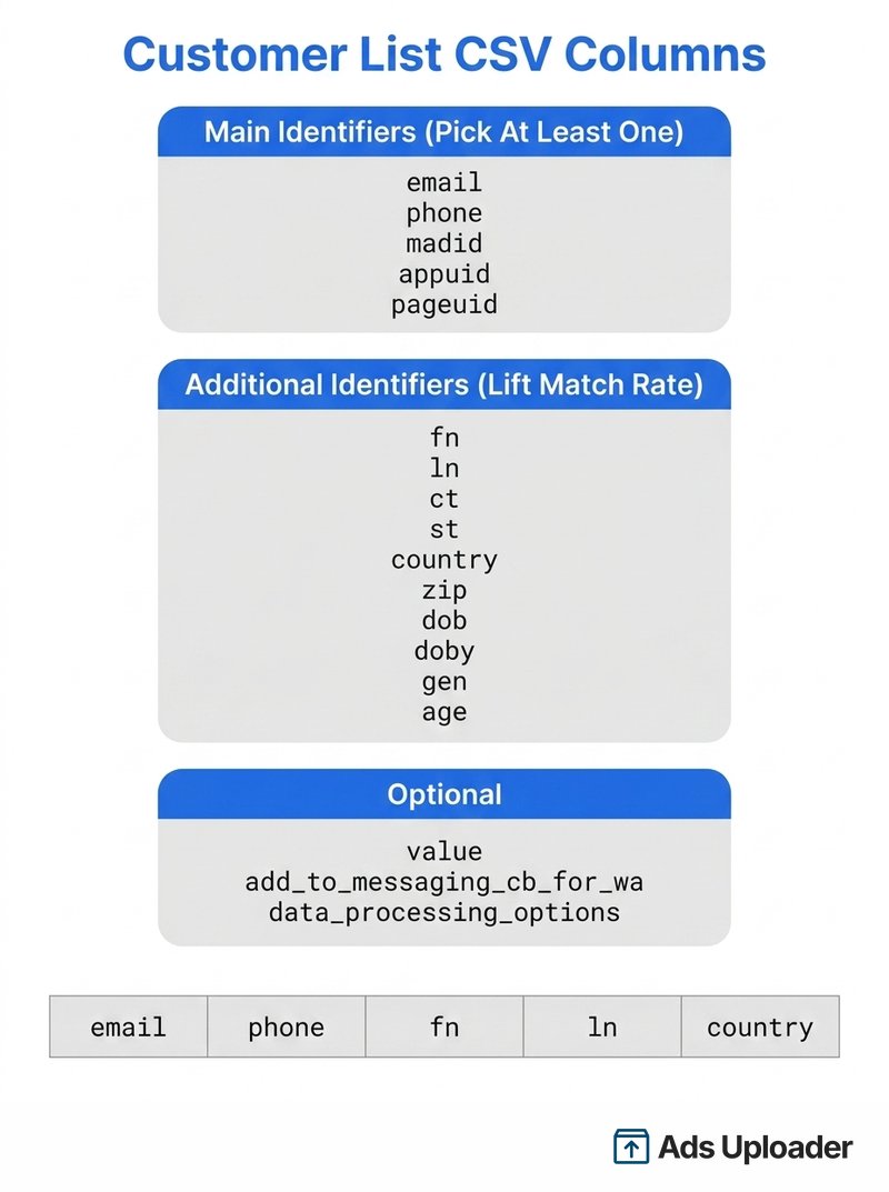 Reference card of Facebook custom audience CSV column codes grouped into main identifiers, additional identifiers, and optional fields.