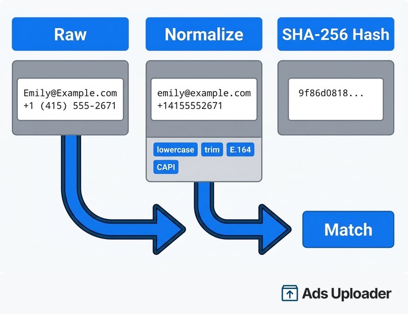 Diagram showing a raw email and phone number normalized to lowercase and digits-only format, then converted to a SHA-256 hash for Meta matching.