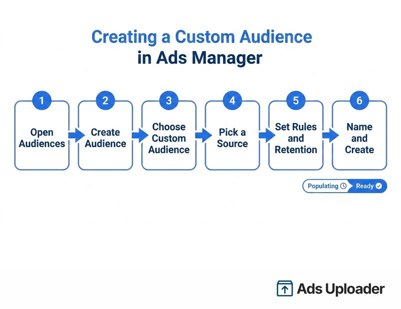 Step flow diagram showing how to create a Facebook custom audience in Ads Manager, from opening Audiences through choosing a source and setting retention to a Ready audience.