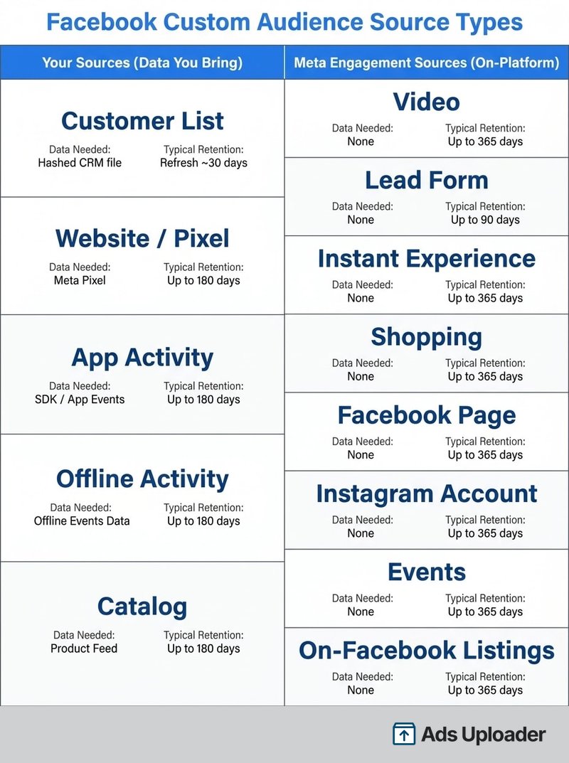 Table of Facebook custom audience source types in two categories, your own sources and Meta engagement sources, with the data each needs and its typical retention window.