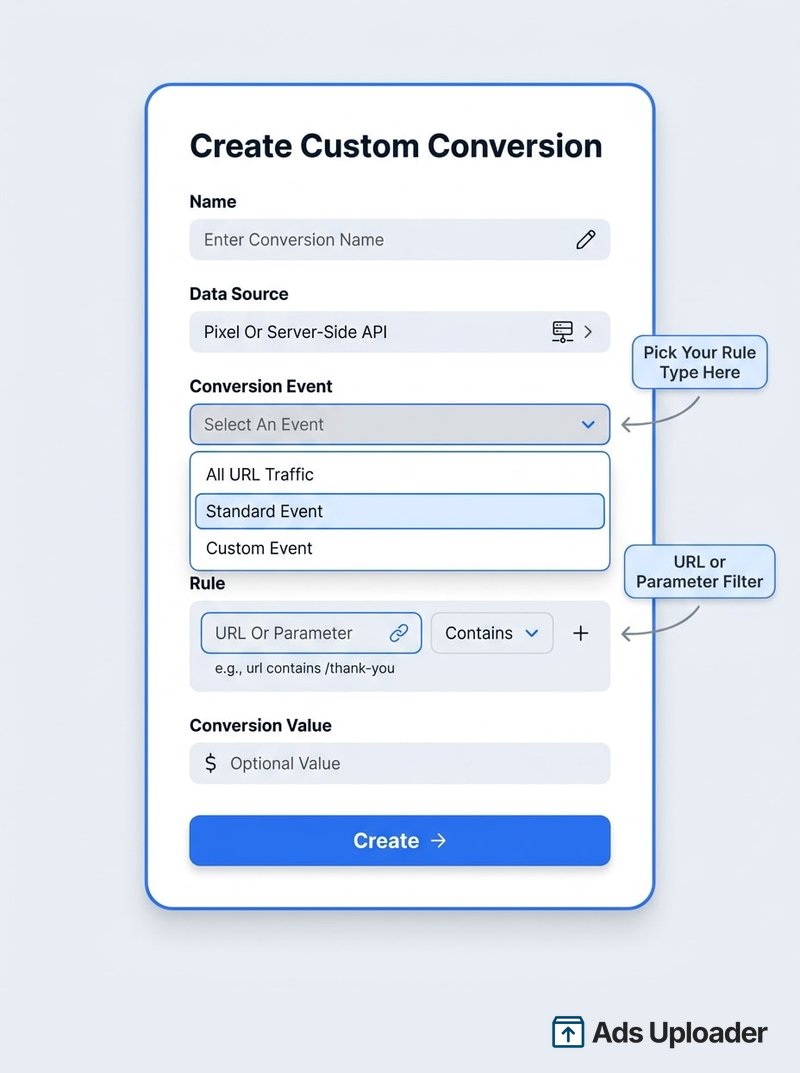 Annotated Meta Events Manager Create Custom Conversion panel highlighting the conversion event dropdown and the URL or parameter rule builder.