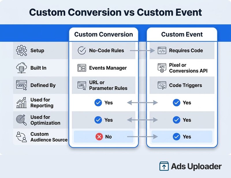 Comparison table showing custom conversions are no-code Events Manager rules while custom events need code and can seed custom audiences.