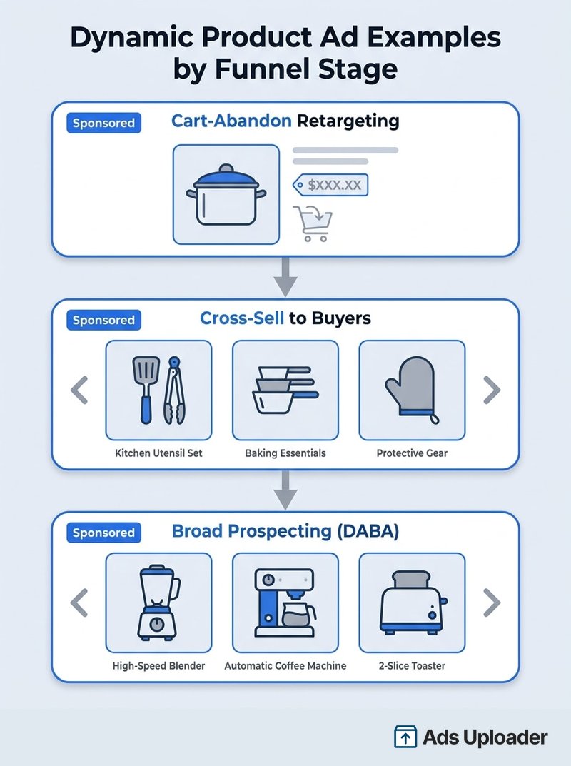 Three dynamic product ad examples by funnel stage: cart-abandon retargeting, cross-sell to buyers, and broad prospecting with DABA.