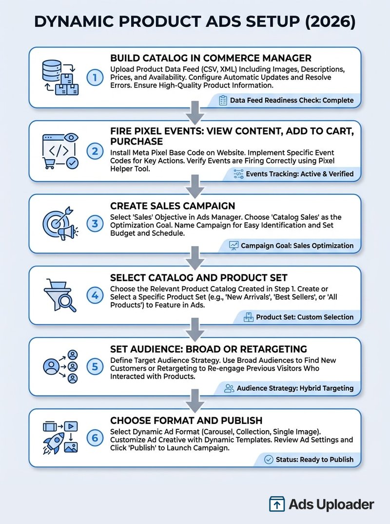 Six-step flow for setting up Facebook dynamic product ads in 2026, from building the catalog to publishing the ad.
