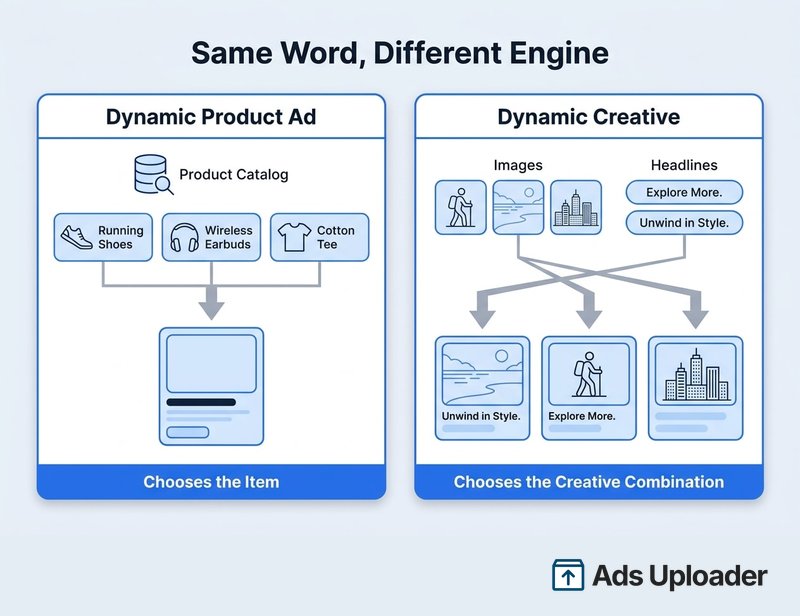 Diagram comparing a Facebook dynamic product ad, which selects an item from a product catalog, with Dynamic Creative, which combines uploaded images and headlines.