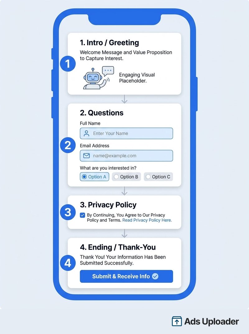Labeled diagram of a Facebook instant form showing its four sections in order on a mobile screen: intro or greeting, questions, privacy policy, and ending or thank-you screen
