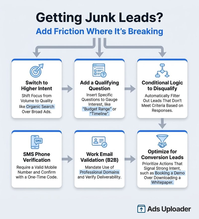 Decision tree infographic titled stop the junk leads, showing fixes for low quality Facebook instant form leads: higher intent form type, qualifying question, conditional logic, SMS verification, work email validation, and conversion leads optimization