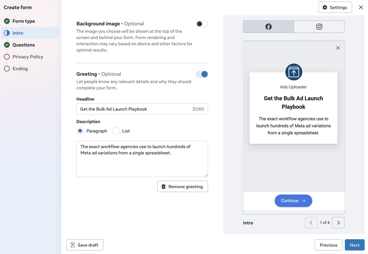 Instant form editor Intro section with the Greeting toggle on, a Headline field reading Get the Bulk Ad Launch Playbook and a Paragraph description below it, and the live mobile preview on the right rendering the greeting screen with the page name, headline, and a Continue button