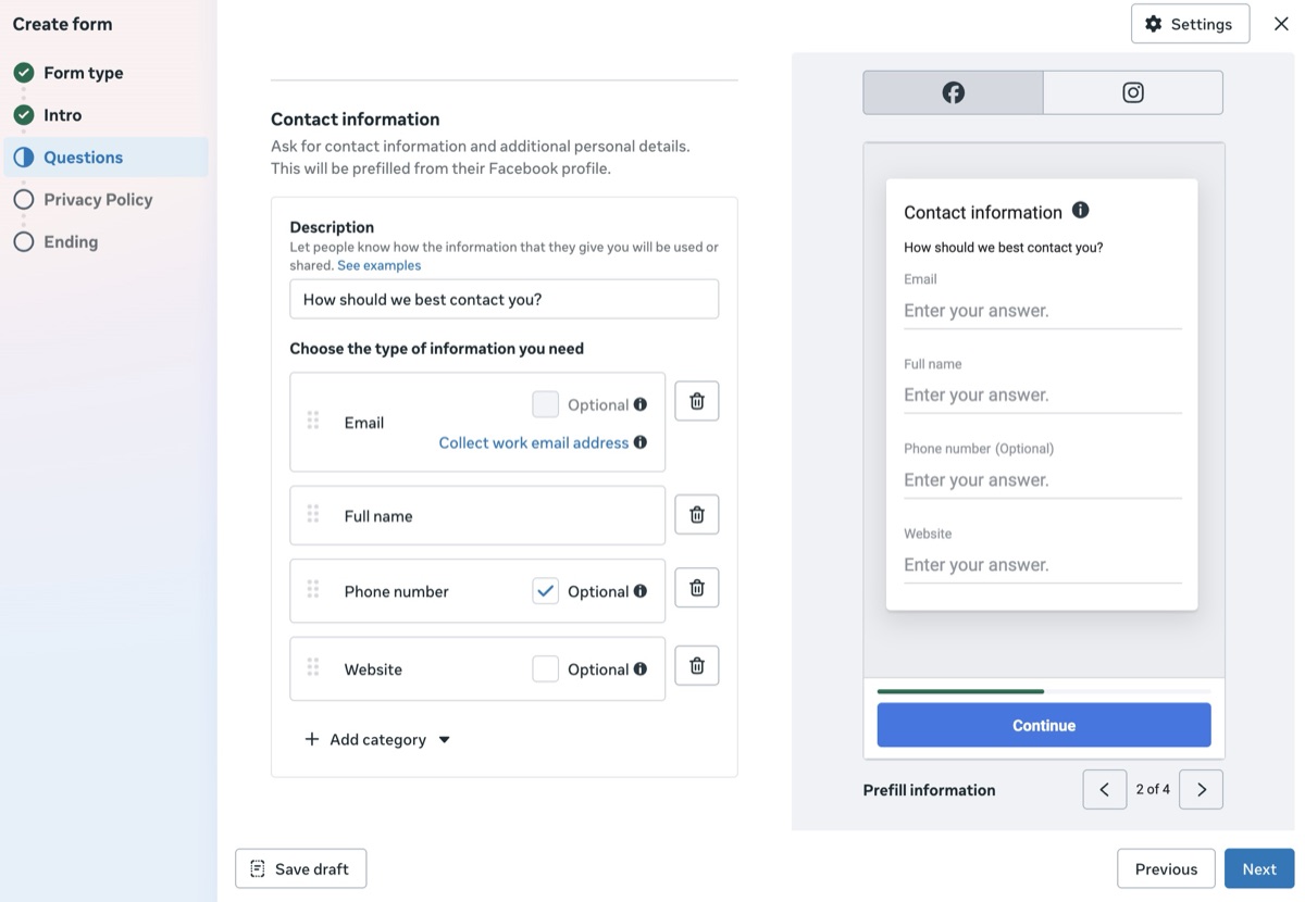 Instant form editor Questions section showing the Contact information panel with prefill fields Email (with a Collect work email address toggle), Full name, Phone number marked optional, and Website, plus an Add category button, alongside the live mobile preview listing the same fields