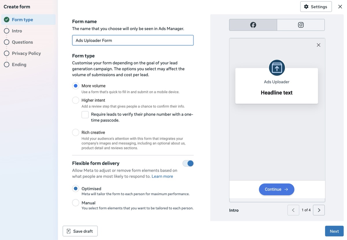 Meta instant form editor Form type step showing the three options as radio buttons: More volume selected as the default, Higher intent with its require-a-one-time-passcode phone verification checkbox, and Rich creative, alongside the live mobile form preview on the right and the Flexible form delivery toggle below