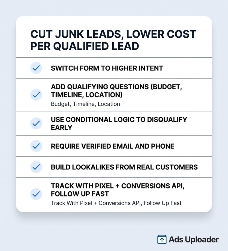 Checklist infographic titled "Cut Junk Leads, Lower Cost Per Qualified Lead" with six blue-ticked items: switch the form to Higher Intent, add qualifying questions on budget, timeline and location, use conditional logic to disqualify early, require verified email and phone, build lookalikes from real customers, and track with Pixel plus Conversions API while following up fast.