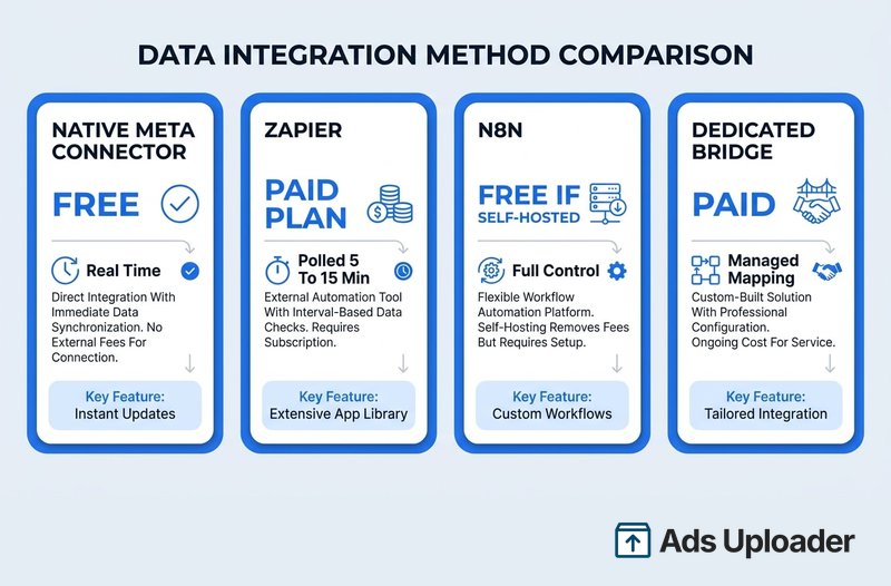 Data integration method comparison infographic contrasting four routes for sending Facebook leads to Google Sheets: the free native Meta connector with real-time instant updates, Zapier on a paid plan polled every 5 to 15 minutes with an extensive app library, n8n that is free if self-hosted with full control over custom workflows, and a paid dedicated bridge offering managed mapping and tailored integration.