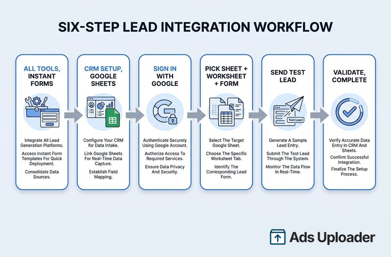 Six-step Meta lead integration workflow infographic showing the native Google Sheets setup flow in order: open All tools and Instant Forms, go to CRM Setup and choose Google Sheets, sign in with Google to authorize access, pick the target spreadsheet plus worksheet tab and lead form, send a test lead to generate a sample row, then validate the change and complete the integration.