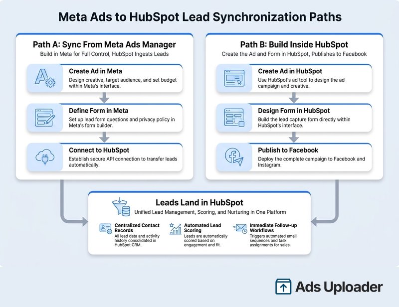 Infographic comparing the two Meta Ads to HubSpot lead synchronization paths, with Path A showing create ad in Meta, define form in Meta, and connect to HubSpot for full campaign control, alongside Path B showing create ad in HubSpot, design form in HubSpot, and publish to Facebook, both converging on leads landing in HubSpot for centralized contact records, automated lead scoring, and immediate follow-up workflows